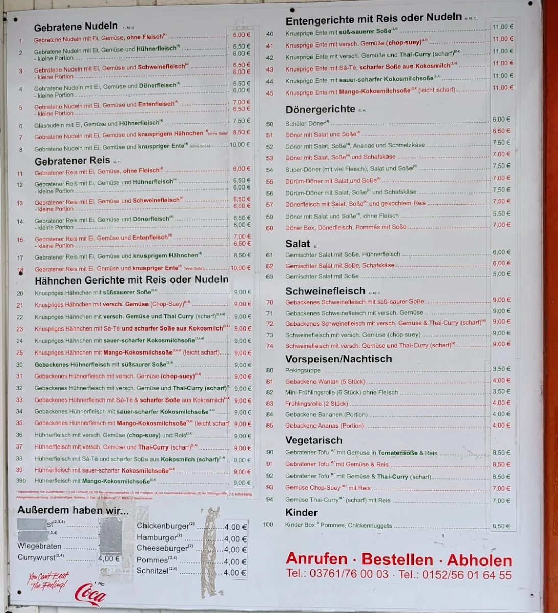 Speisekarte, Asia Schnellimbiss an der Annoncenuhr