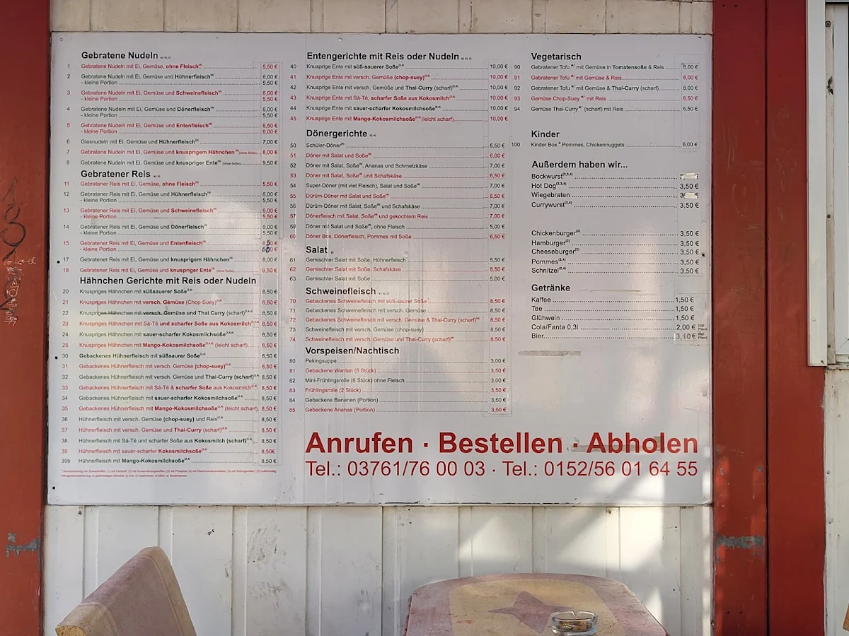 Speisekarte, Asia Schnellimbiss an der Annoncenuhr