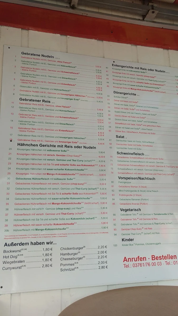Speisekarte, Asia Schnellimbiss an der Annoncenuhr