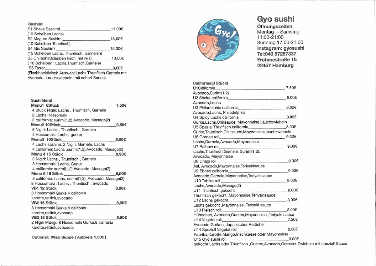 Speisekarte, Gyo sushi