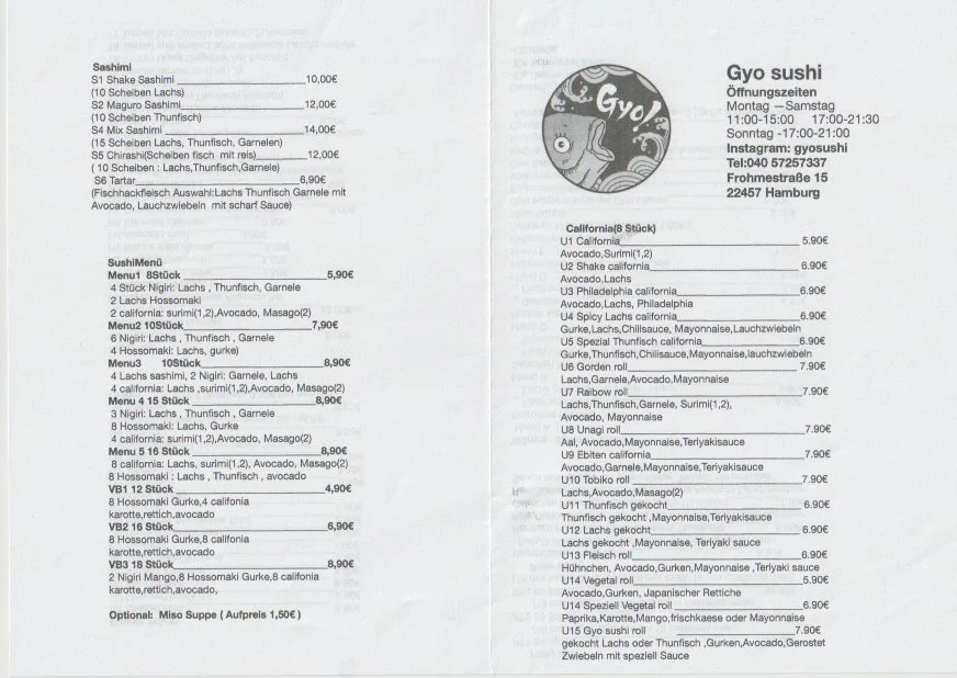 Speisekarte, Gyo sushi