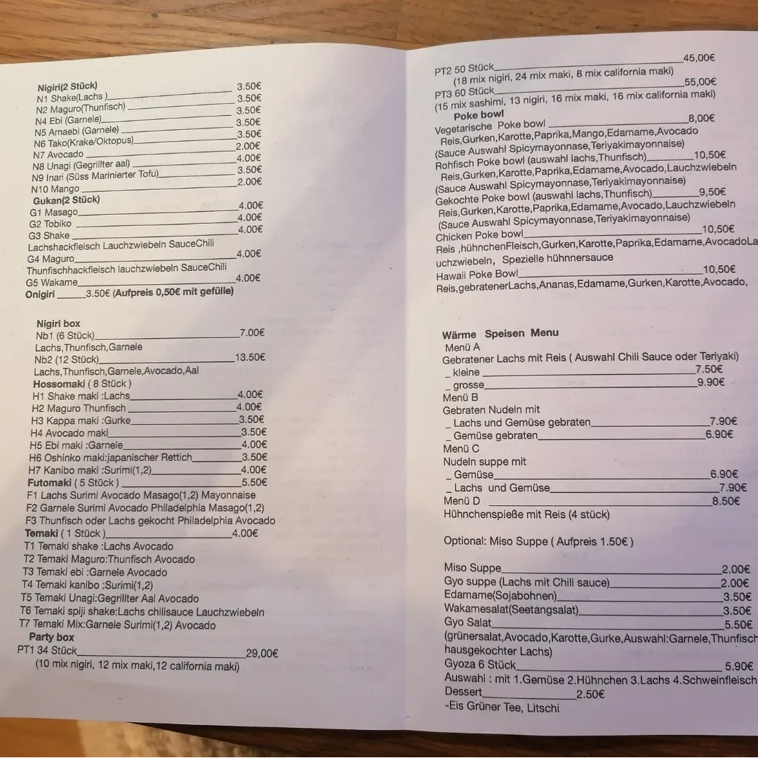 Speisekarte, Gyo sushi