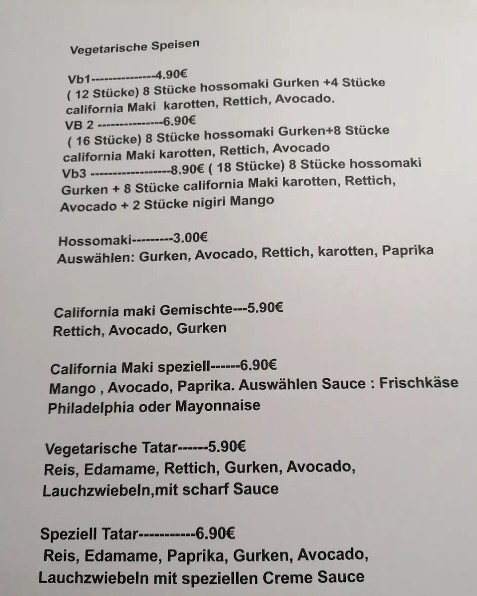 Speisekarte, Gyo sushi