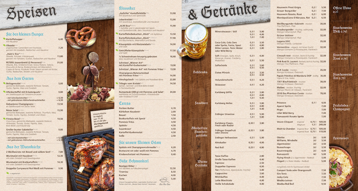Speisekarte, PETERS Alm mit großem Biergarten