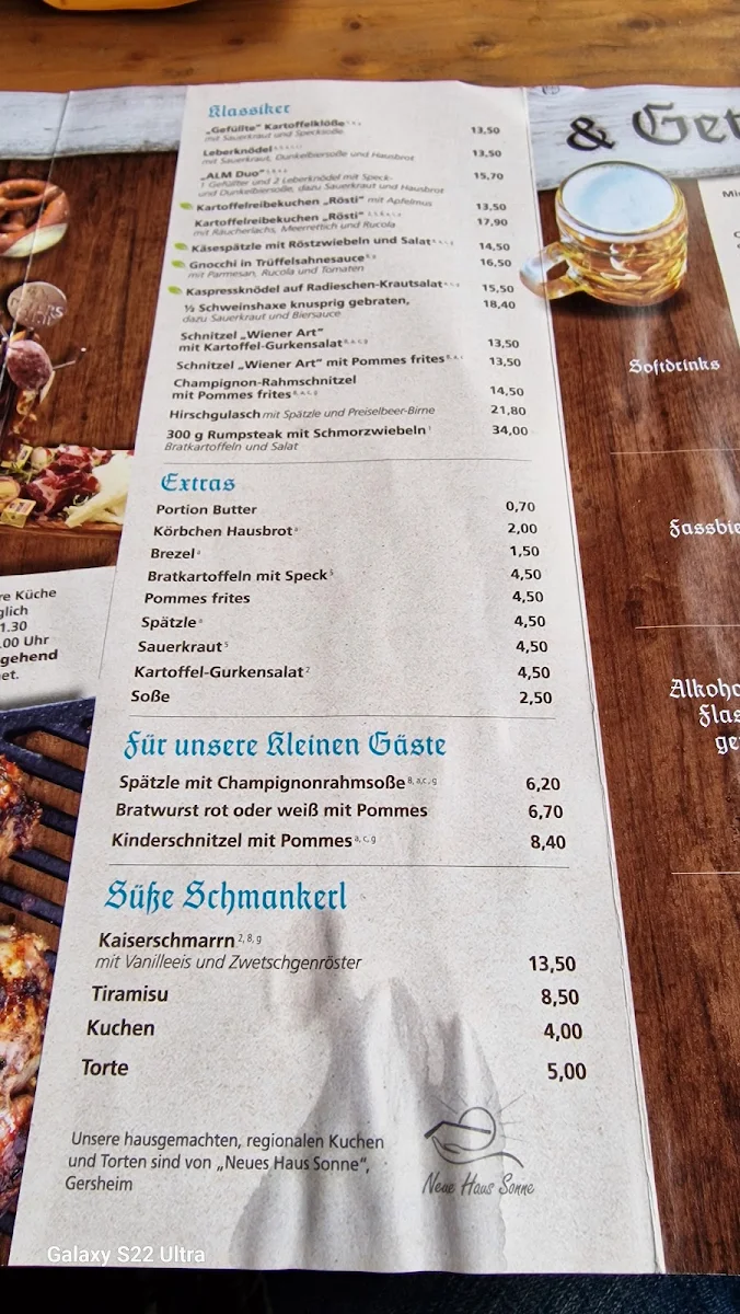 Speisekarte, PETERS Alm mit großem Biergarten