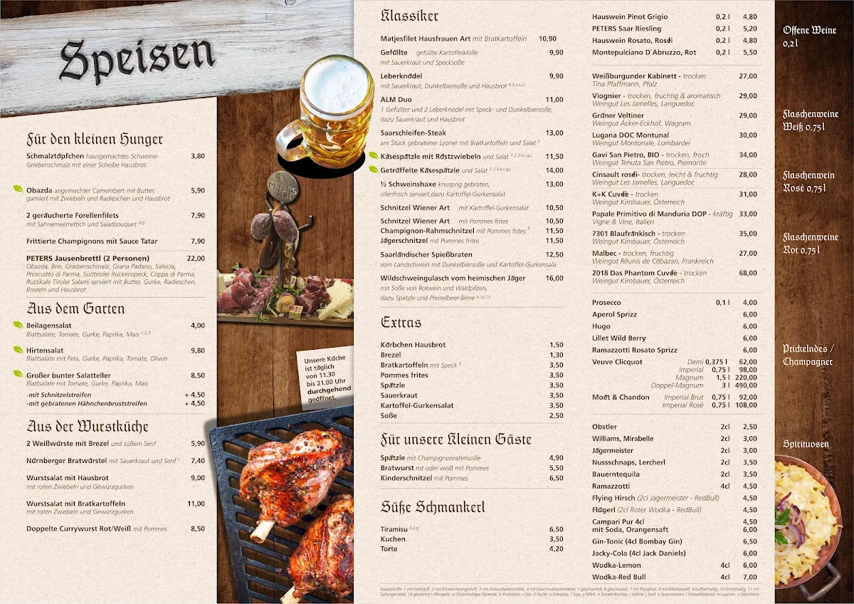 Speisekarte, PETERS Alm mit großem Biergarten