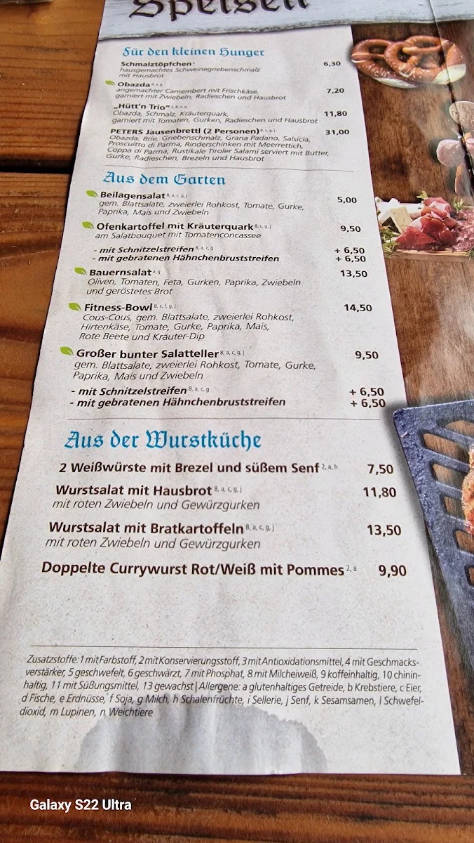 Speisekarte, PETERS Alm mit großem Biergarten