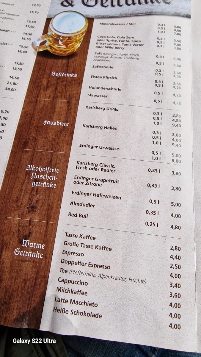 Speisekarte, PETERS Alm mit großem Biergarten