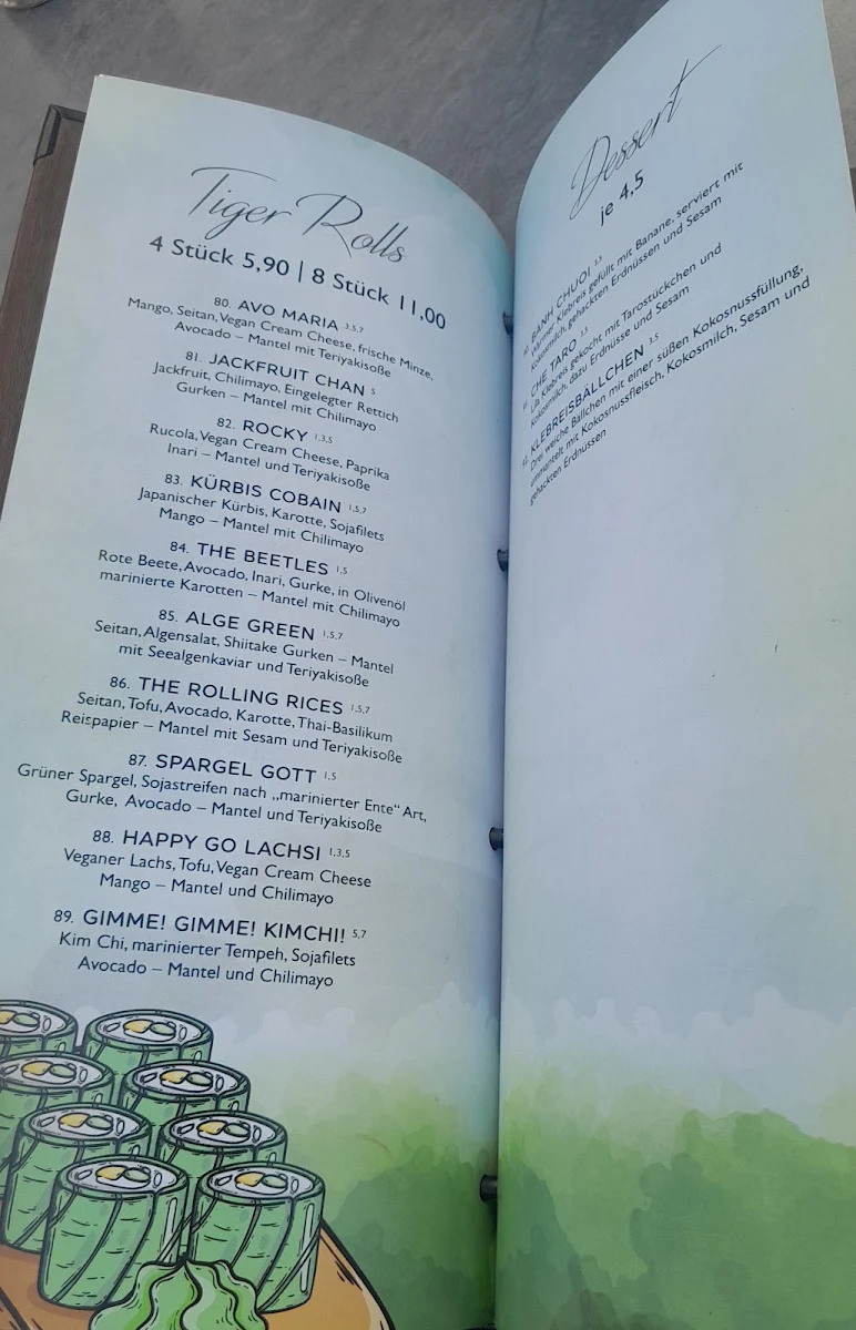 Speisekarte, tiger club vegan sushi