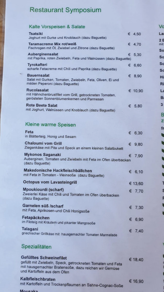 Speisekarte, Symposium Restaurant Augsburg