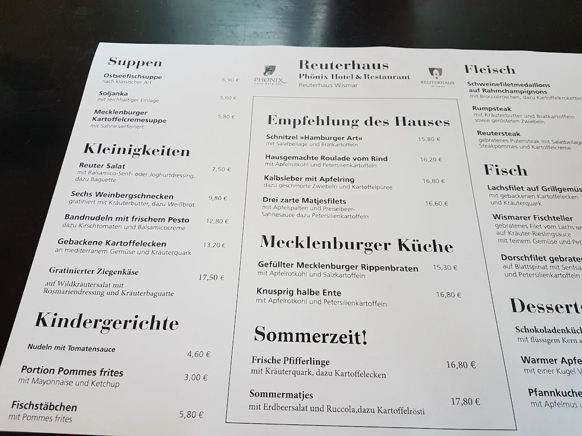 Speisekarte, Restaurant Reuterhaus