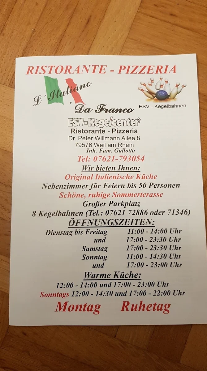 Speisekarte, Ristorante Pizzeria Franco’s ESV-Kegelcenter