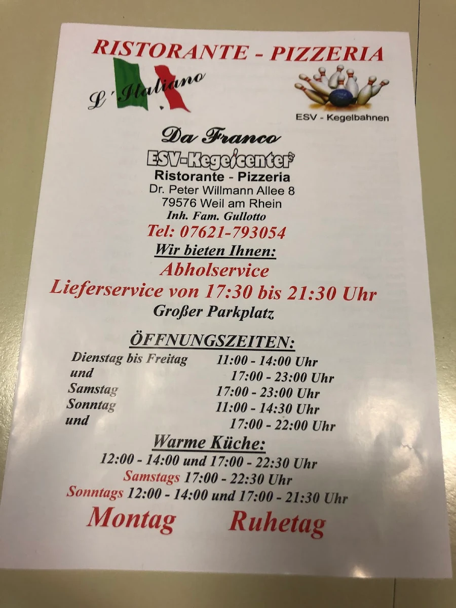 Speisekarte, Ristorante Pizzeria Franco’s ESV-Kegelcenter