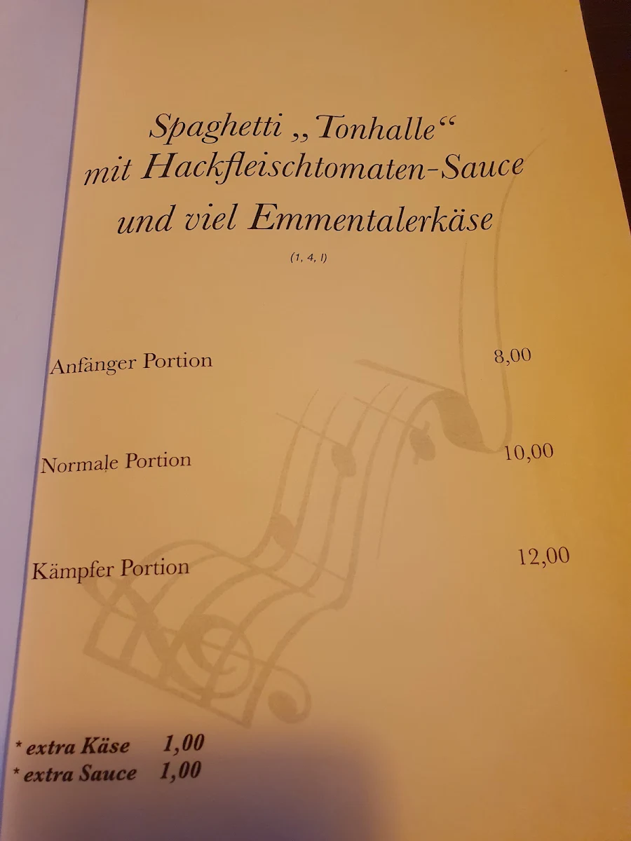 Speisekarte, Kleine Tonhalle