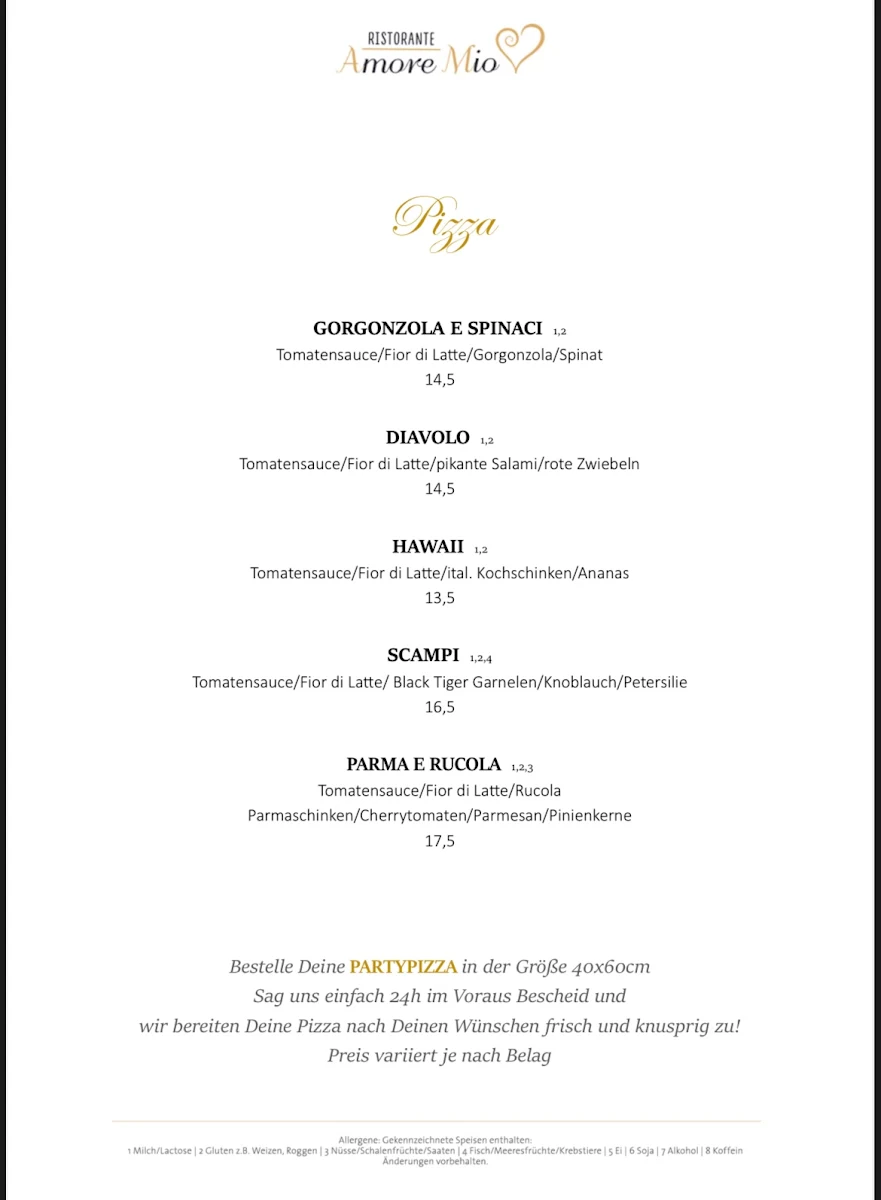 Speisekarte, Ristorante Amore Mio