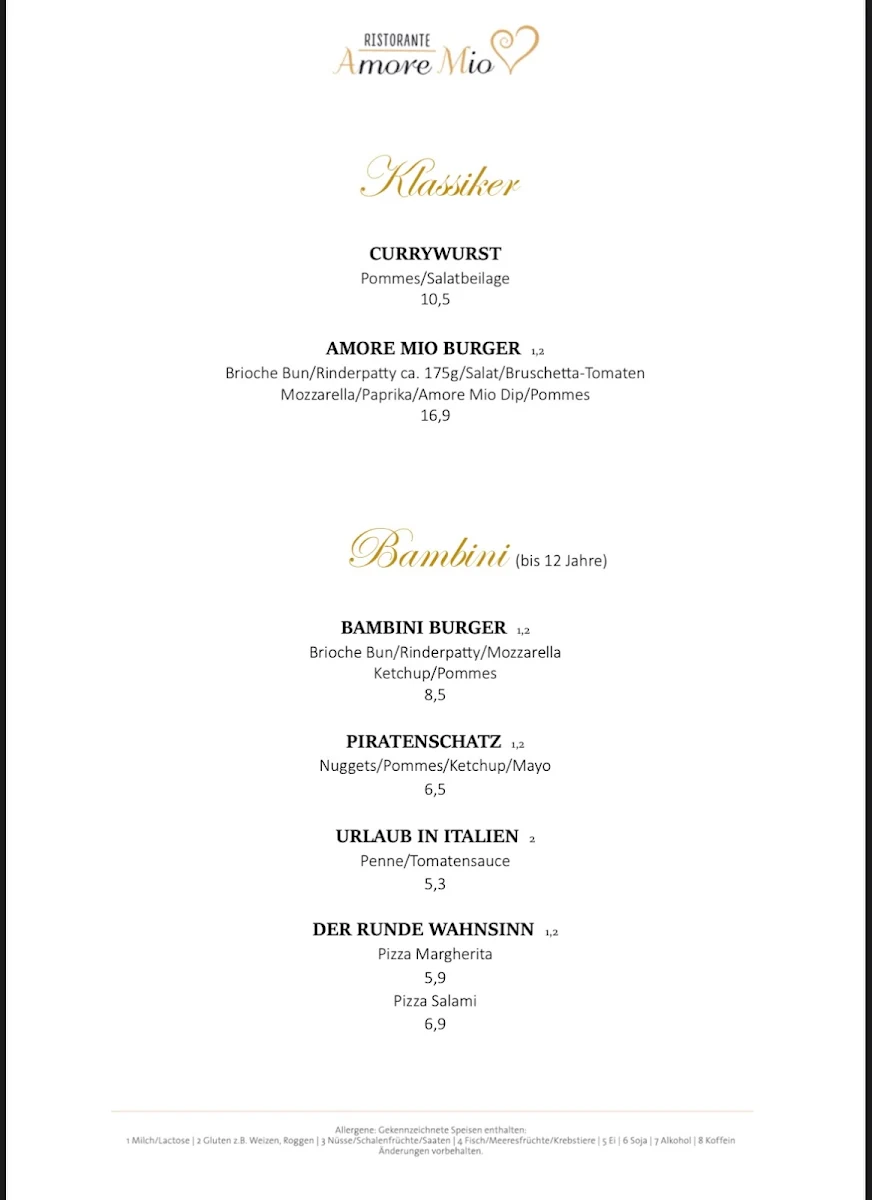 Speisekarte, Ristorante Amore Mio