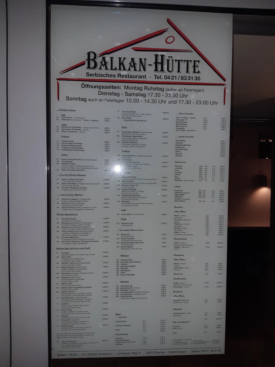 Speisekarte, Balkan Hütte