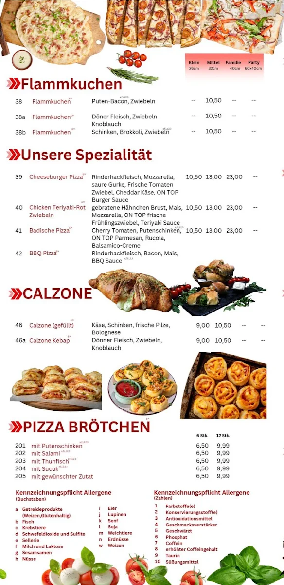 Speisekarte, Pizza Margherita / Burger Point