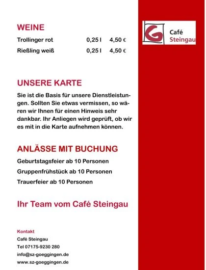Speisekarte, Café Steingau
