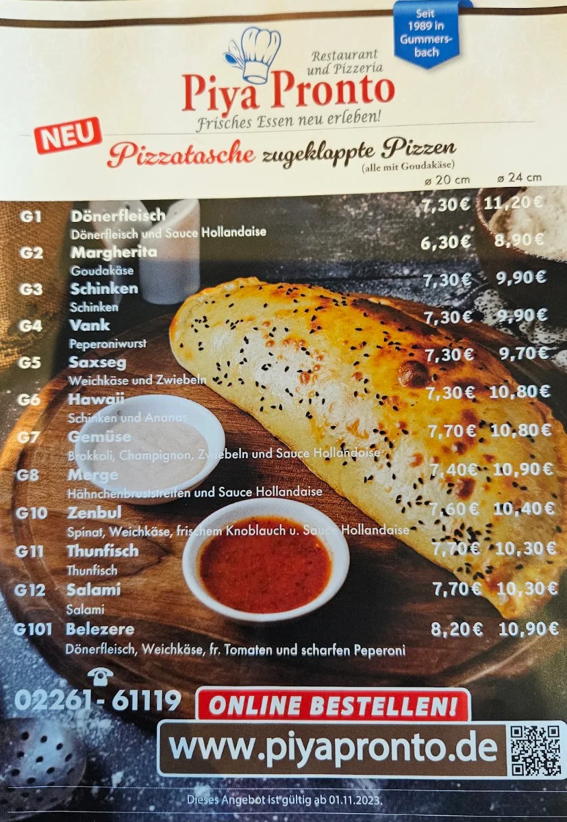Speisekarte, Piya Pronto Restaurant Pizza Lieferservice