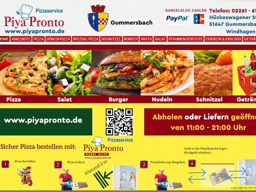 Speisekarte, Piya Pronto Restaurant Pizza Lieferservice