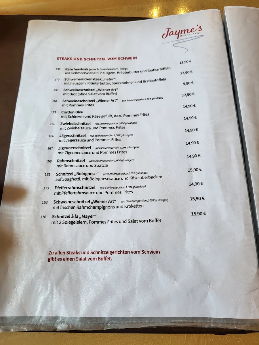 Speisekarte, Jayme's Restaurant