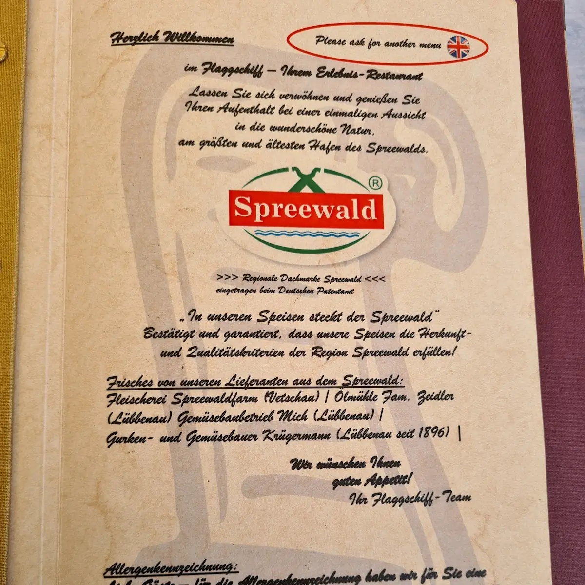 Speisekarte, SPREE.Erlebnisrestaurant