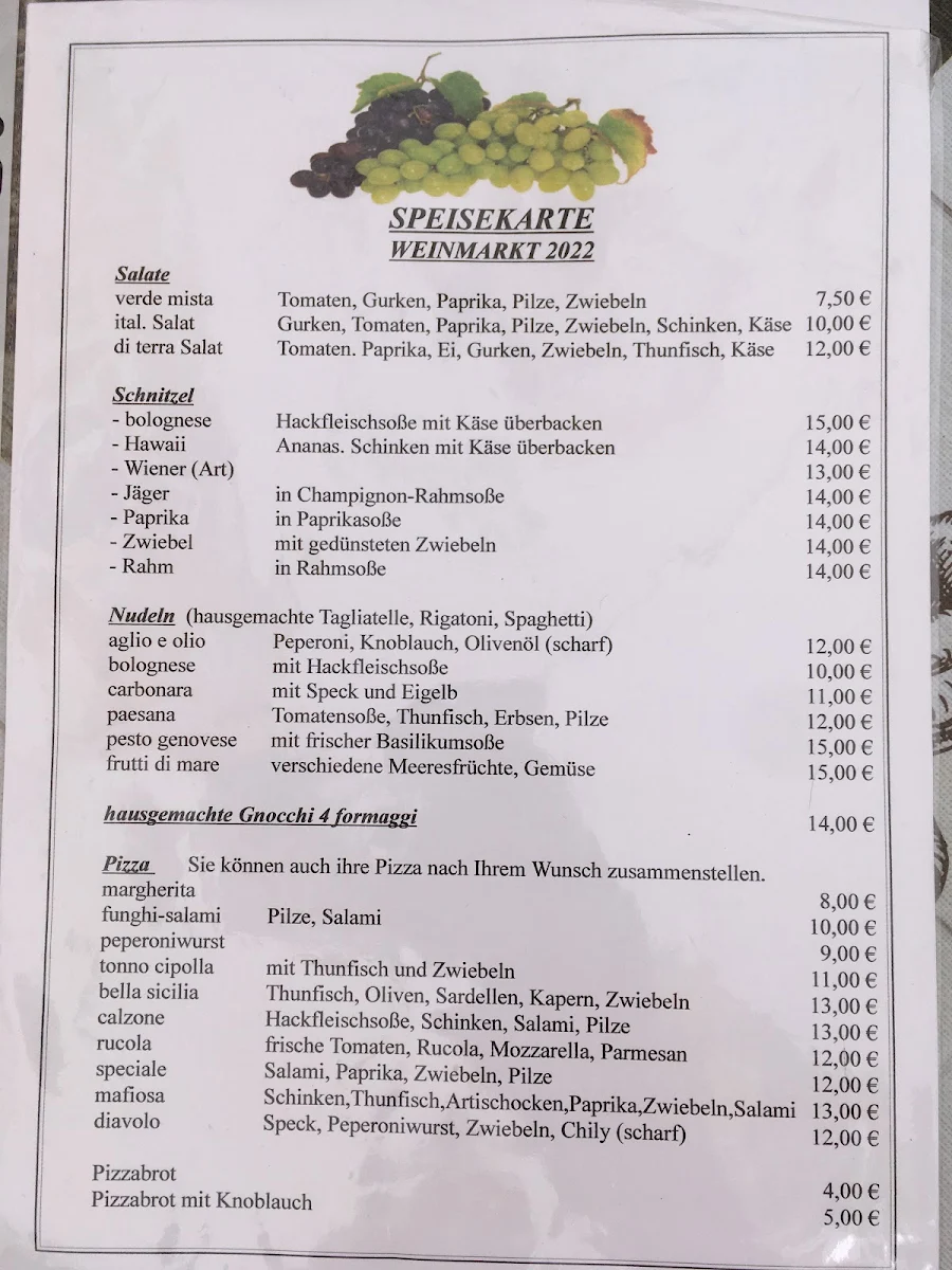 Speisekarte, Pizzeria Trattoria da Franco