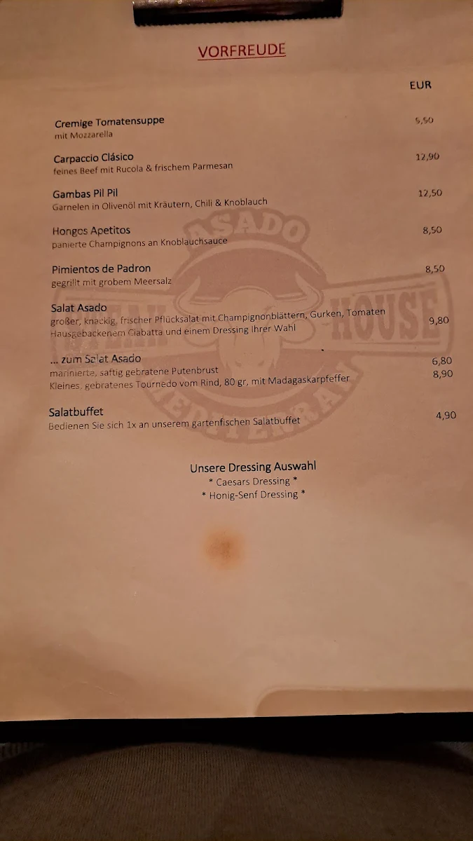 Speisekarte, Steakhouse ASADO