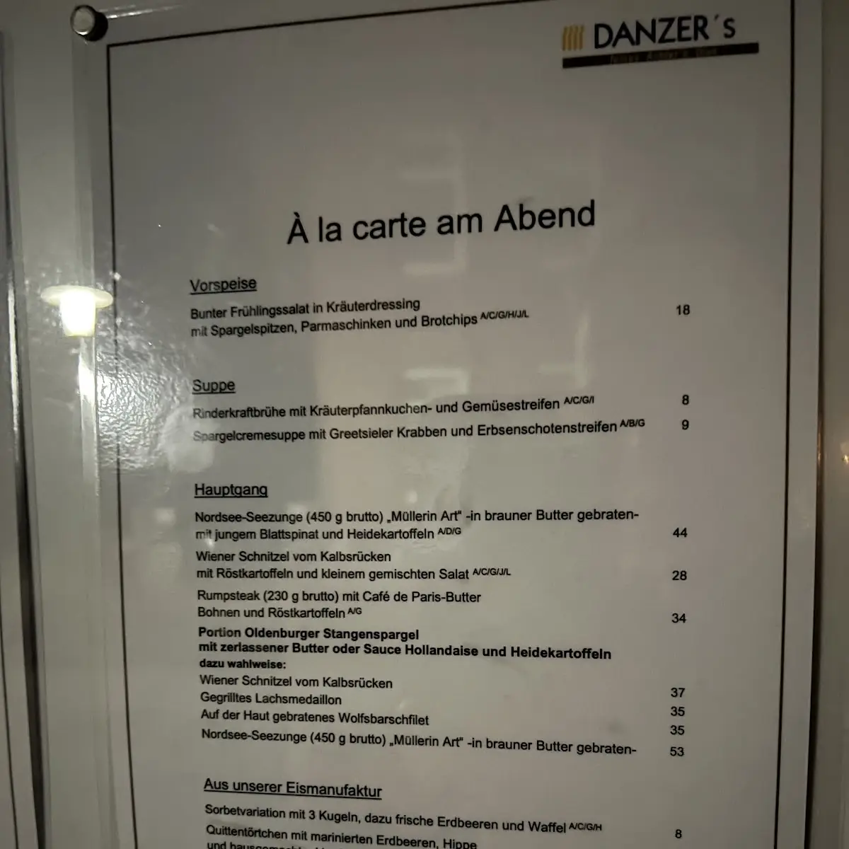 Speisekarte, DANZERs Restaurant Juist feines Achtern Diek