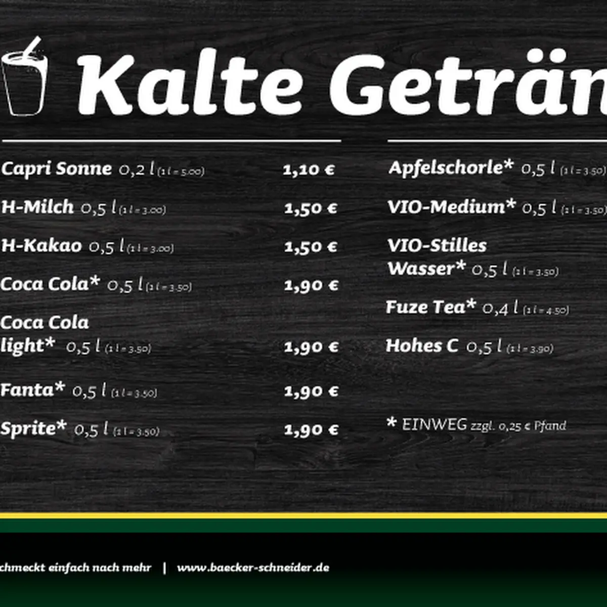 Speisekarte, Bäckerei Schneider GmbH