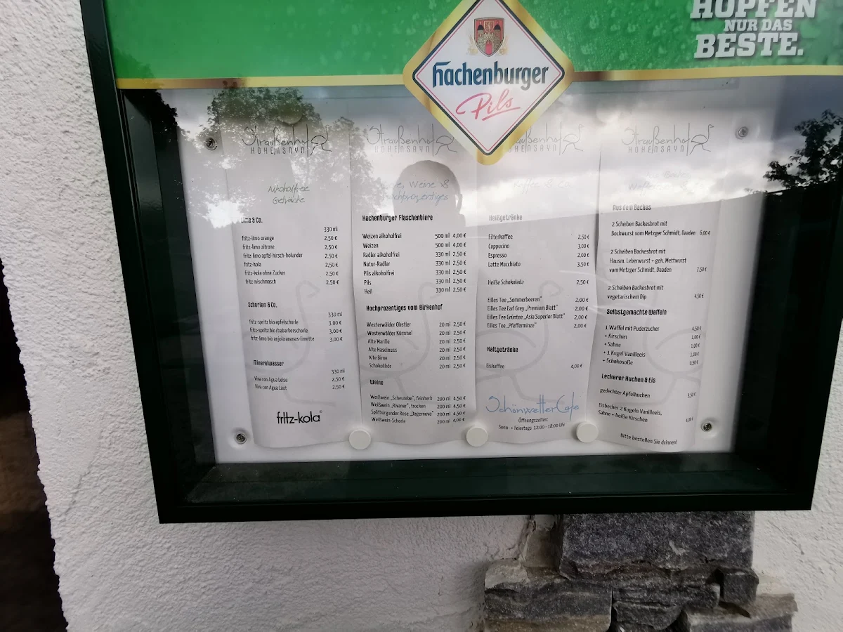 Speisekarte, Straußenhof Hohensayn Schönwettercafe