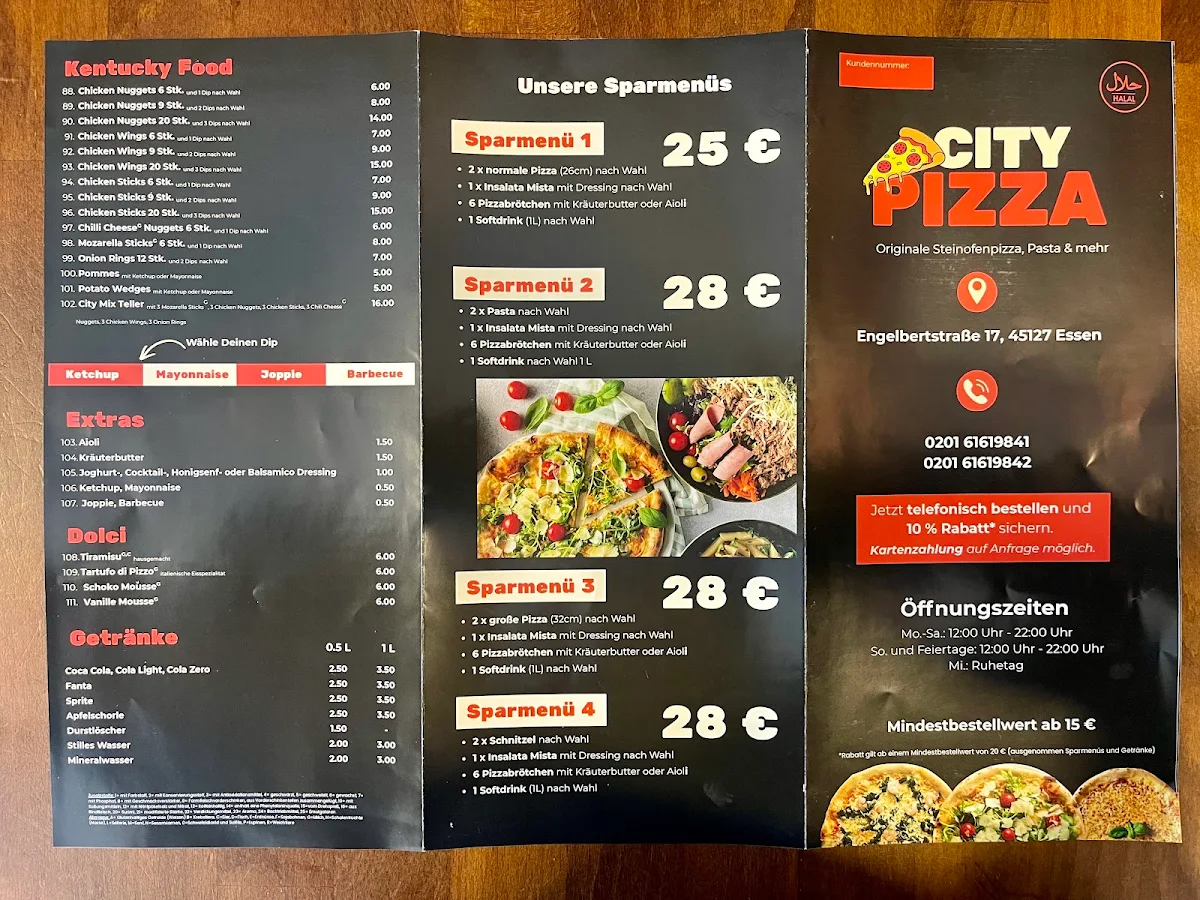 Speisekarte, City Pizzeria