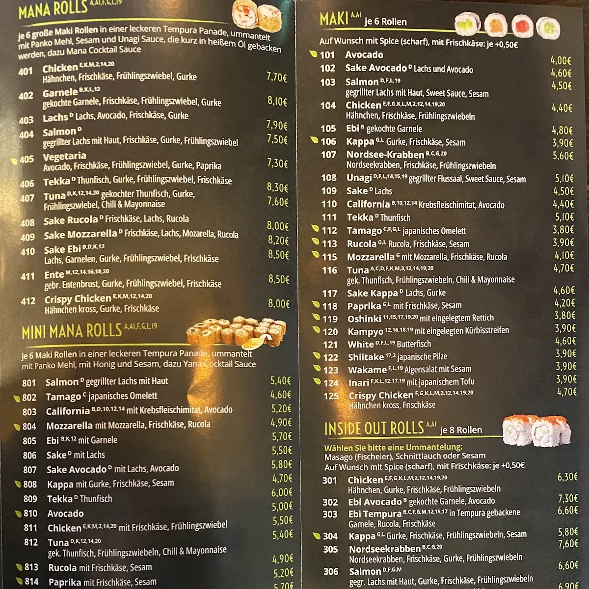 Speisekarte, Sushi Mana Moabit