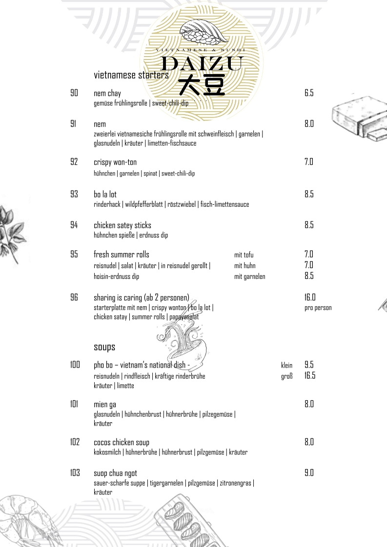 Speisekarte, Daizu Vietnamese & Sushi