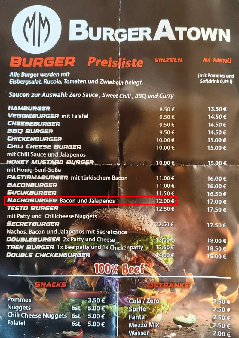 Speisekarte, Burger Atown