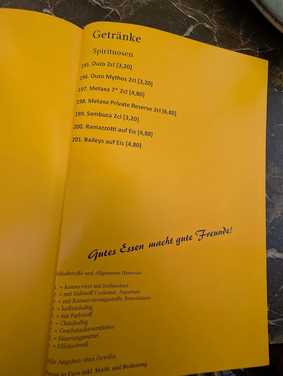 Speisekarte, Taverne Mythos in Langenfeld