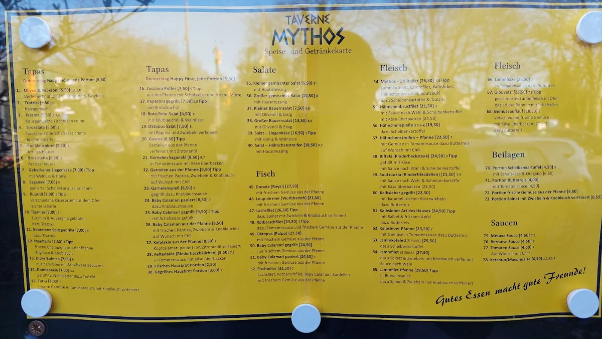 Speisekarte, Taverne Mythos in Langenfeld