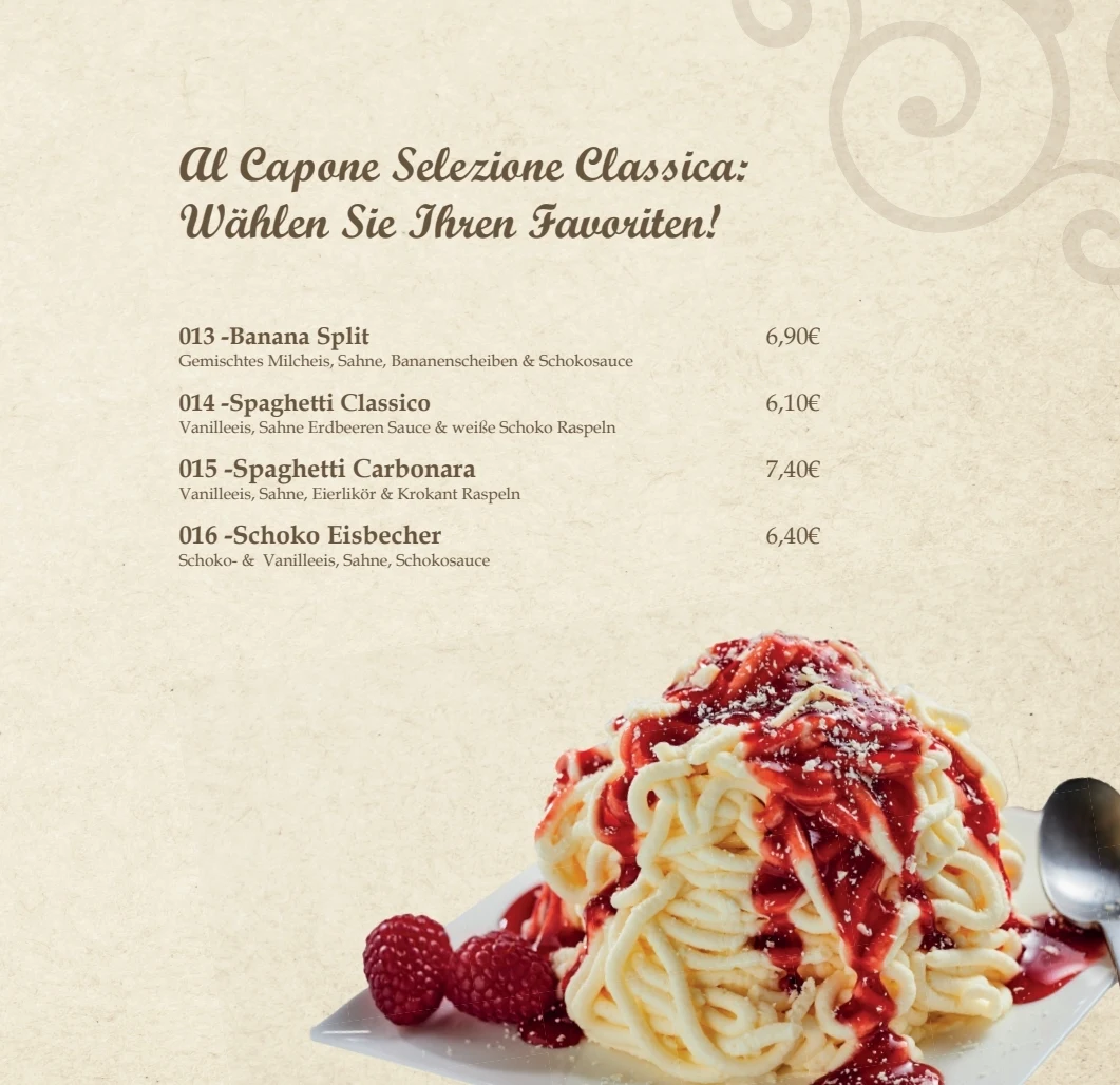 Speisekarte, Eiscafé & Pizzeria „Al Capone“ – Inh.: Guido Valenta