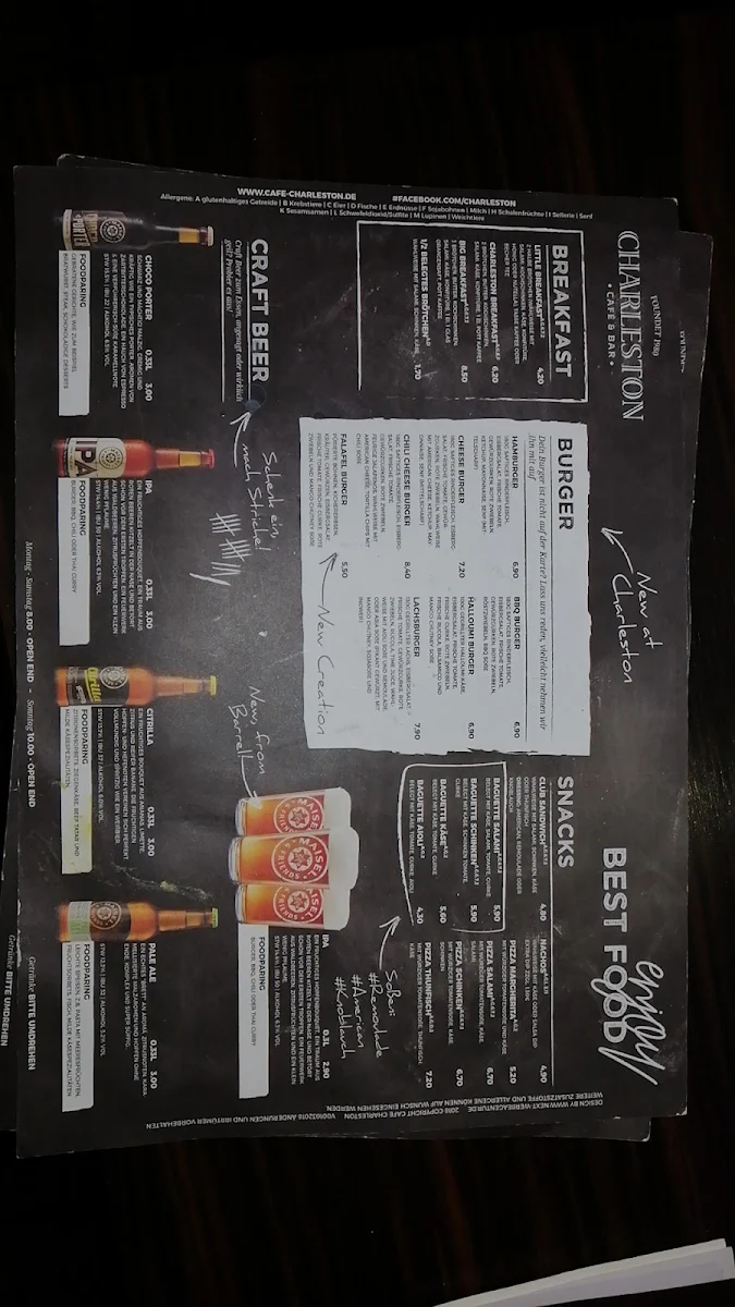 Speisekarte, Café & Bar Charleston Preise aktualisieren