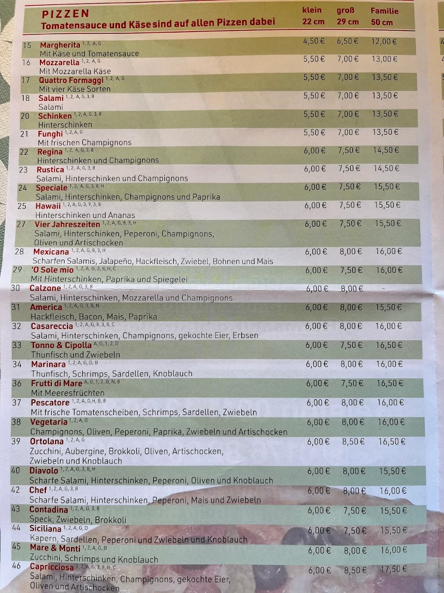 Speisekarte, Pizza One Moorenbrunn, Nürnberg