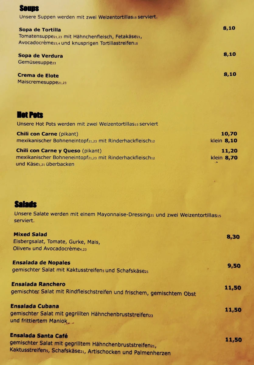 Speisekarte, Santa Café