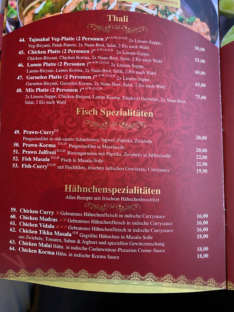 Speisekarte, Restaurant Taj Mahal