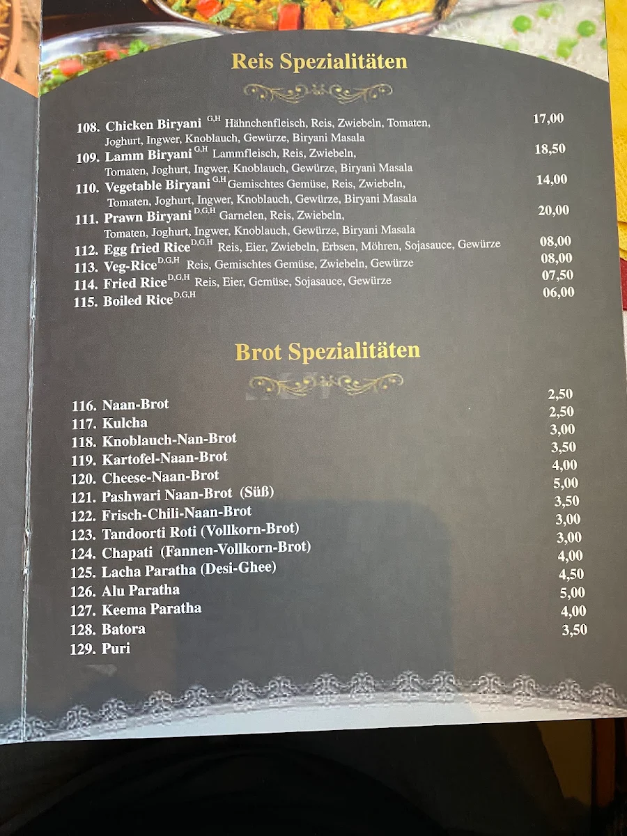 Speisekarte, Restaurant Taj Mahal