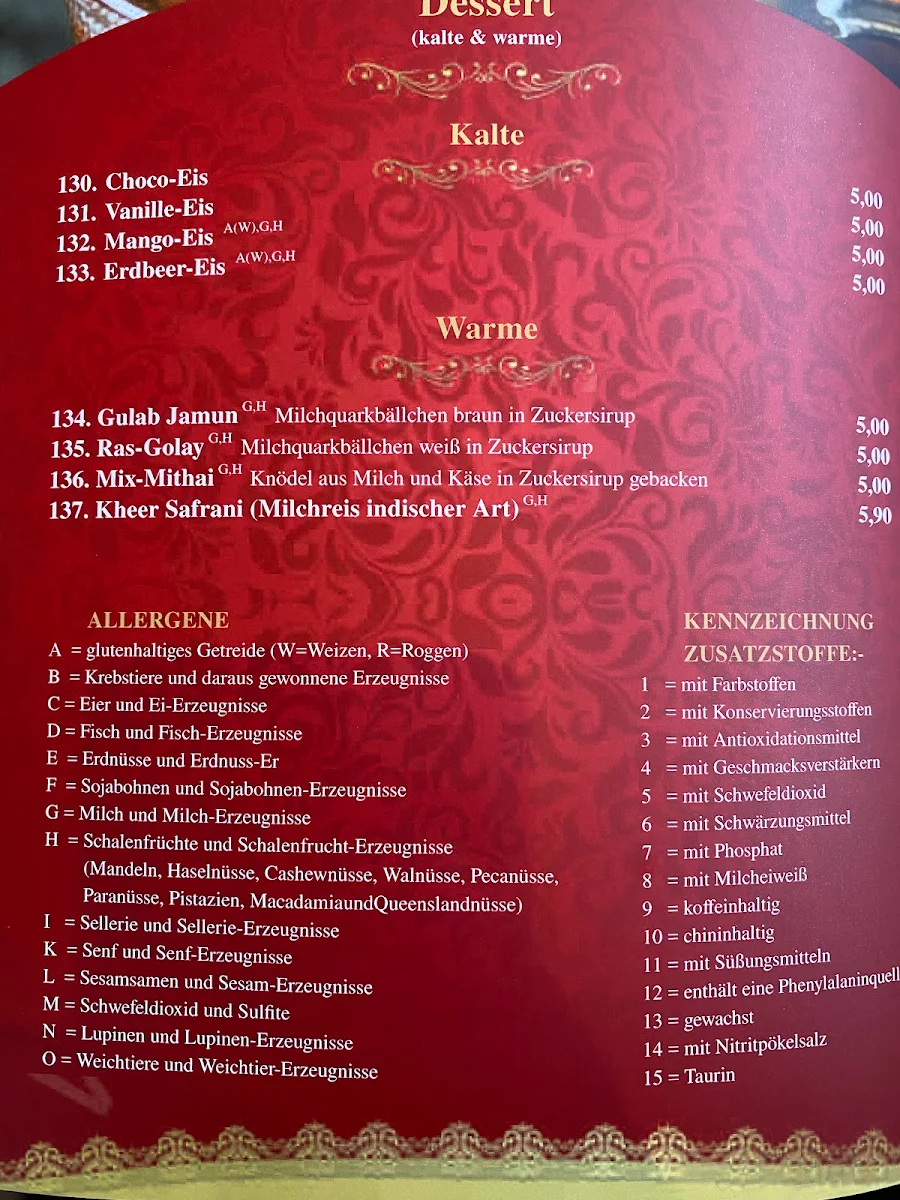 Speisekarte, Restaurant Taj Mahal