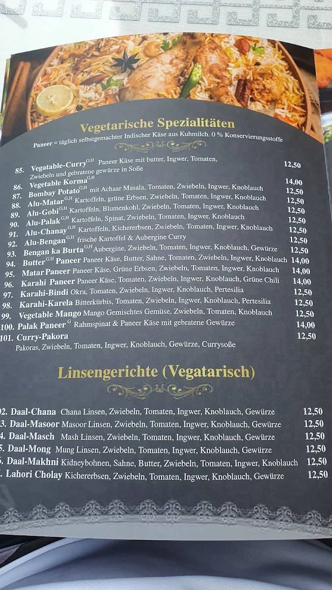 Speisekarte, Restaurant Taj Mahal
