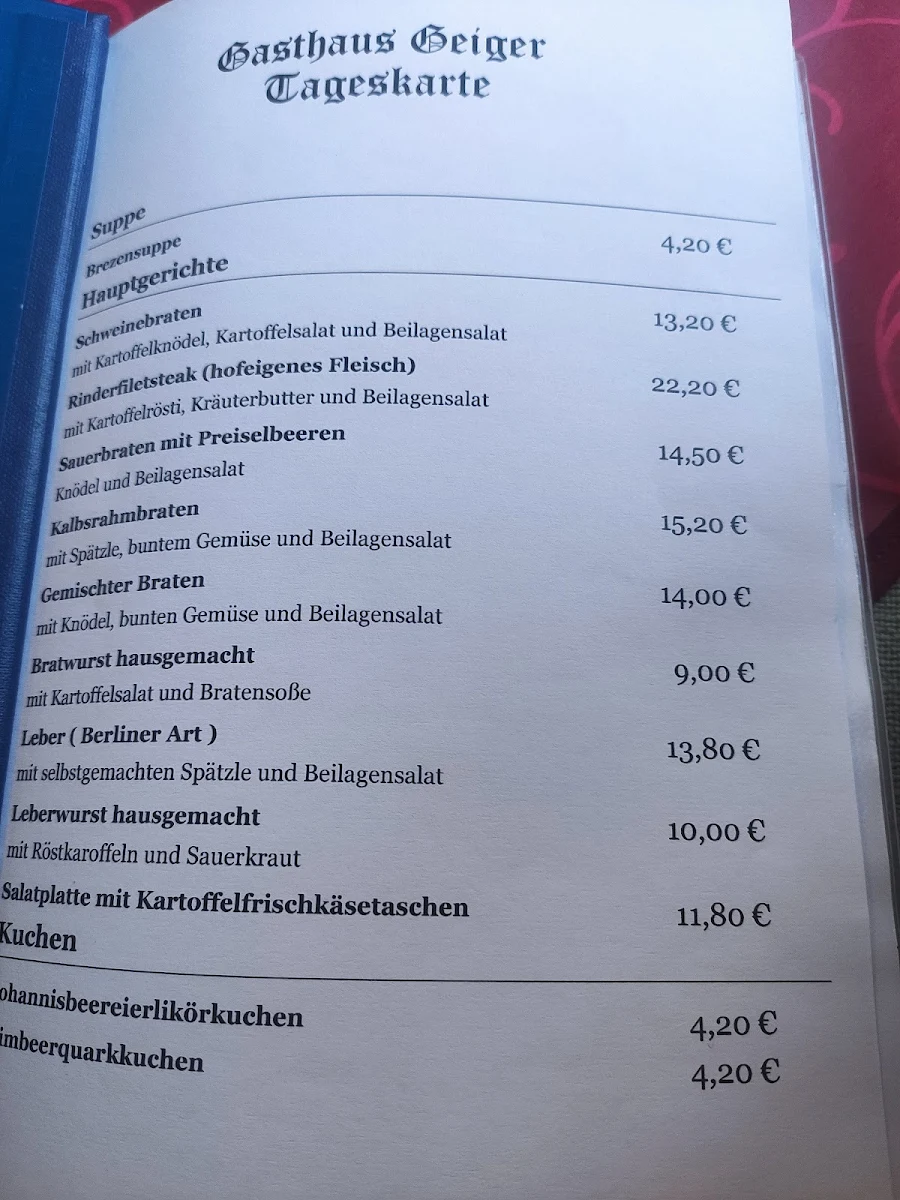Speisekarte, Gasthaus Geiger