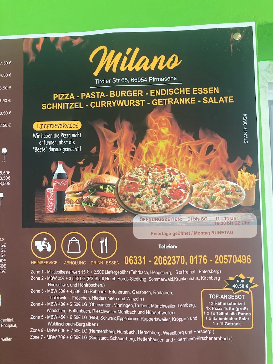 Speisekarte, Pizzeria Milano Heimservice Pirmasens