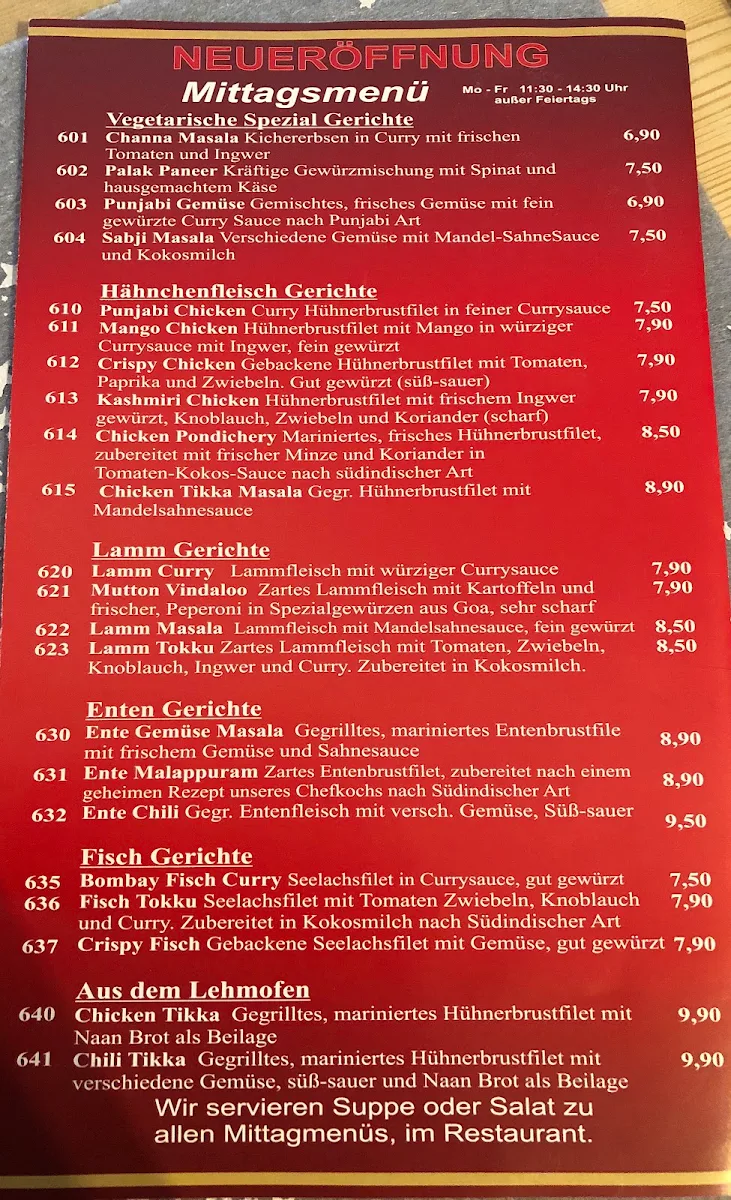 Speisekarte, Maharaja Eichstätt
