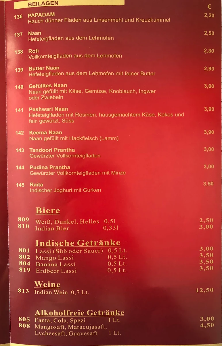 Speisekarte, Maharaja Eichstätt
